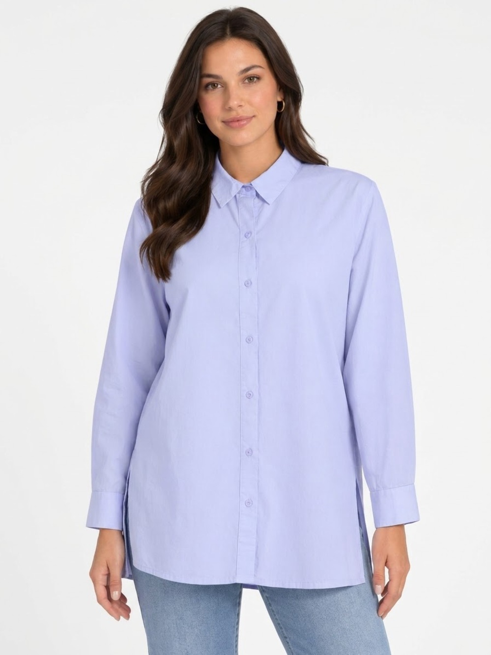 Eileen Fisher Organic Cotton Poplin Classic Collar Shirt L Periwinkle Tunic